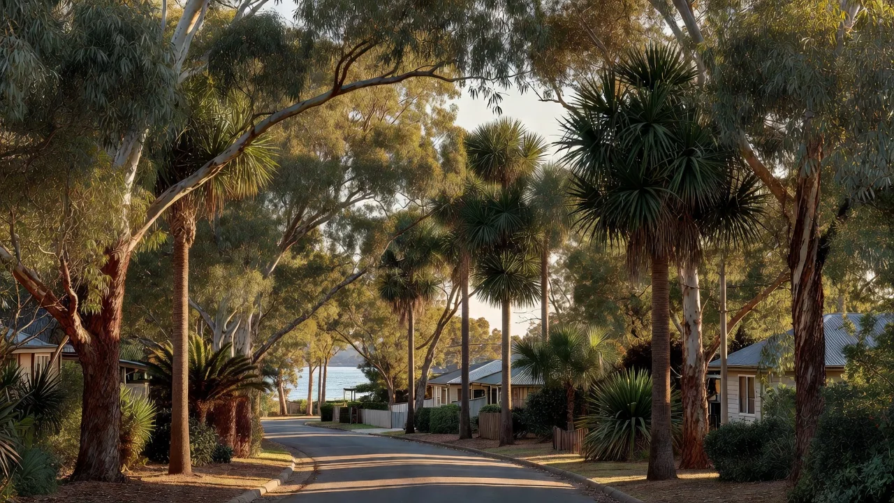 A wide regional street lined with large mature eucalyptus trees and suburban homes