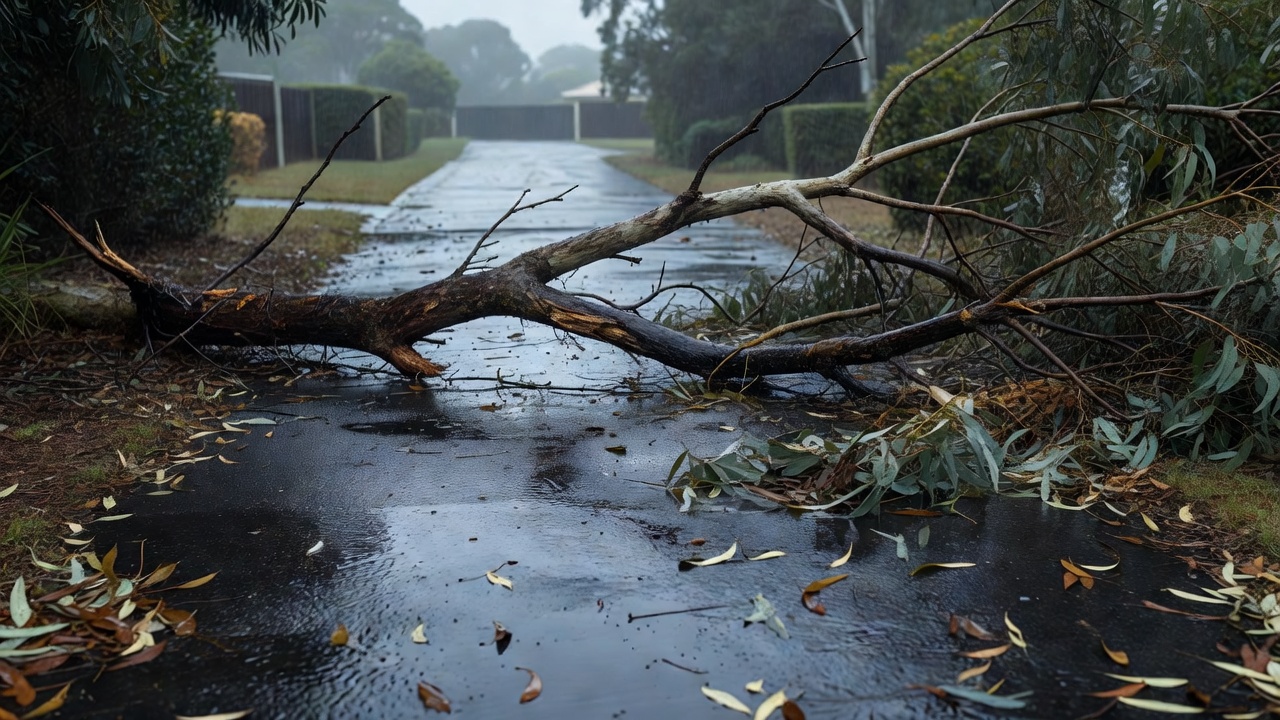 A fallen tree limb across a suburban driveway after a storm on the Central Coast